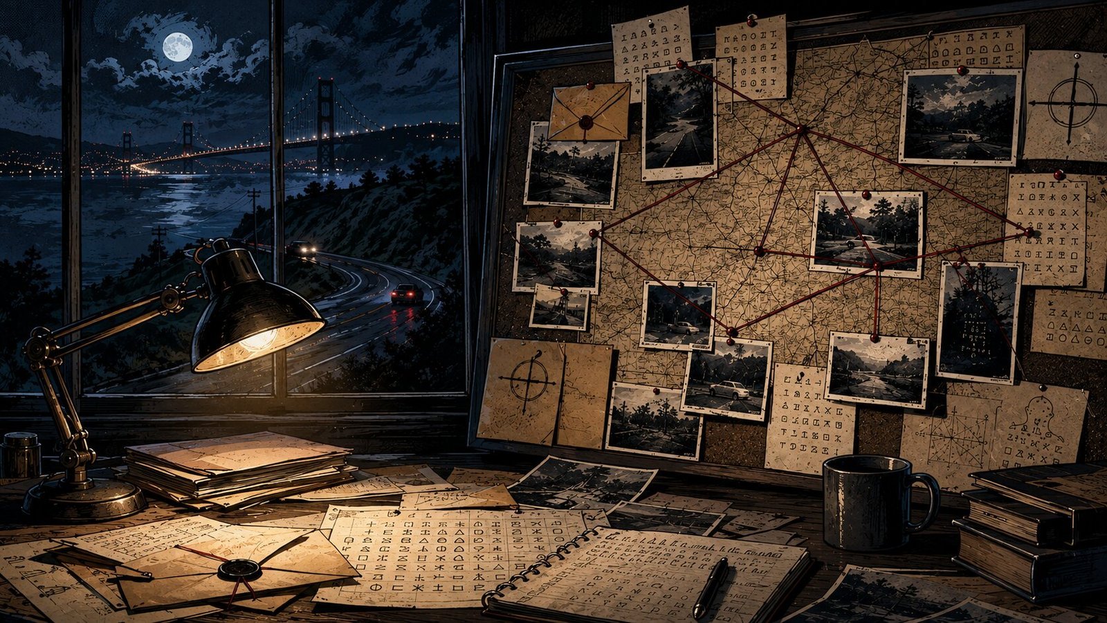 Editorial cartoon illustration of cipher symbols, newspaper clippings and a nighttime Northern California investigation board