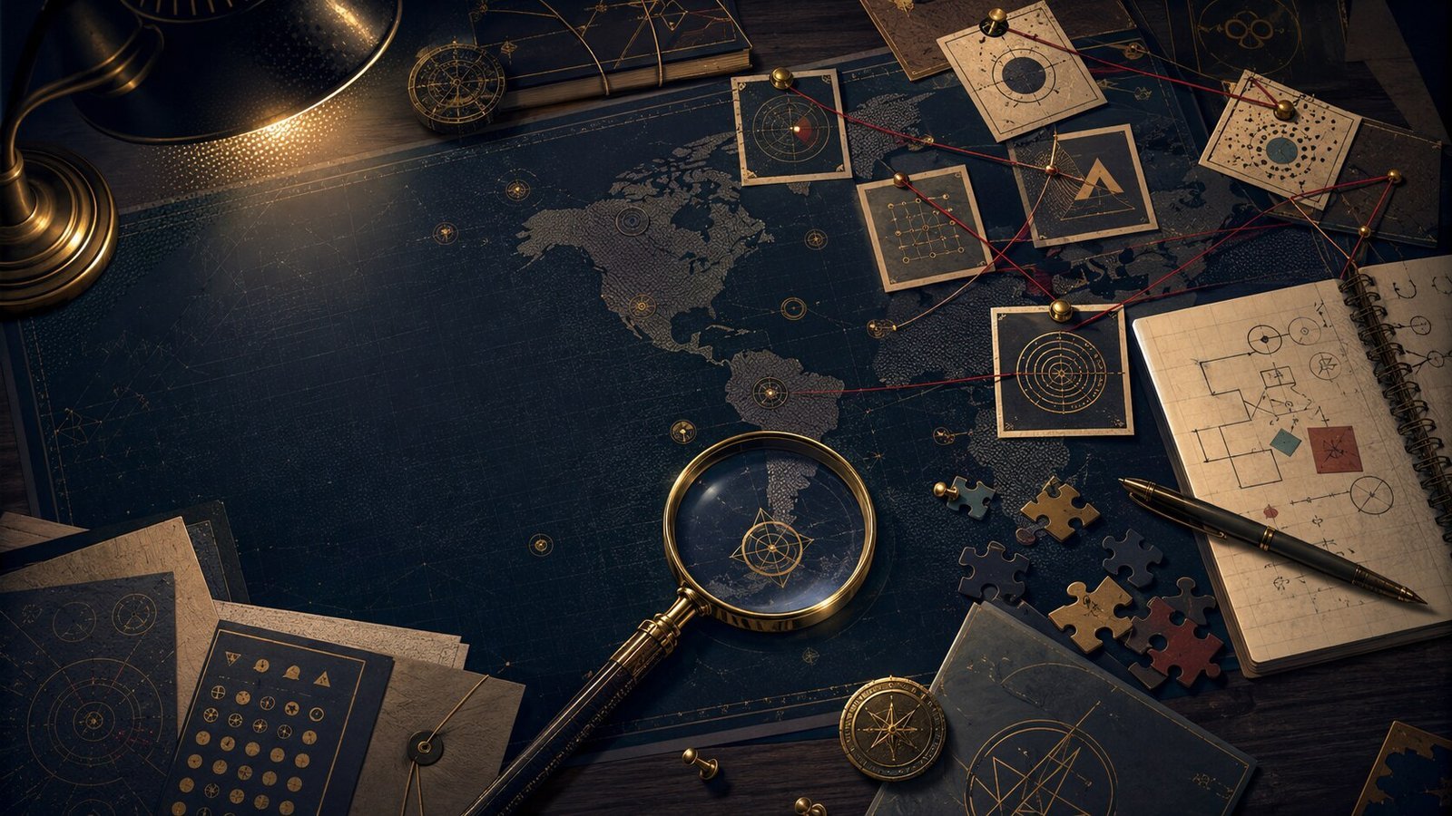 Illustrated detective desk with maps, ciphers and evidence